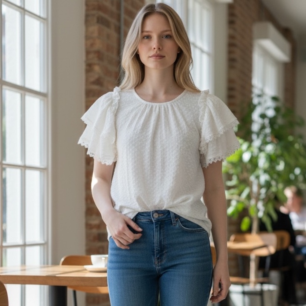 Oddi Winter White Ruffle Sleeve Texture Blouse NWT